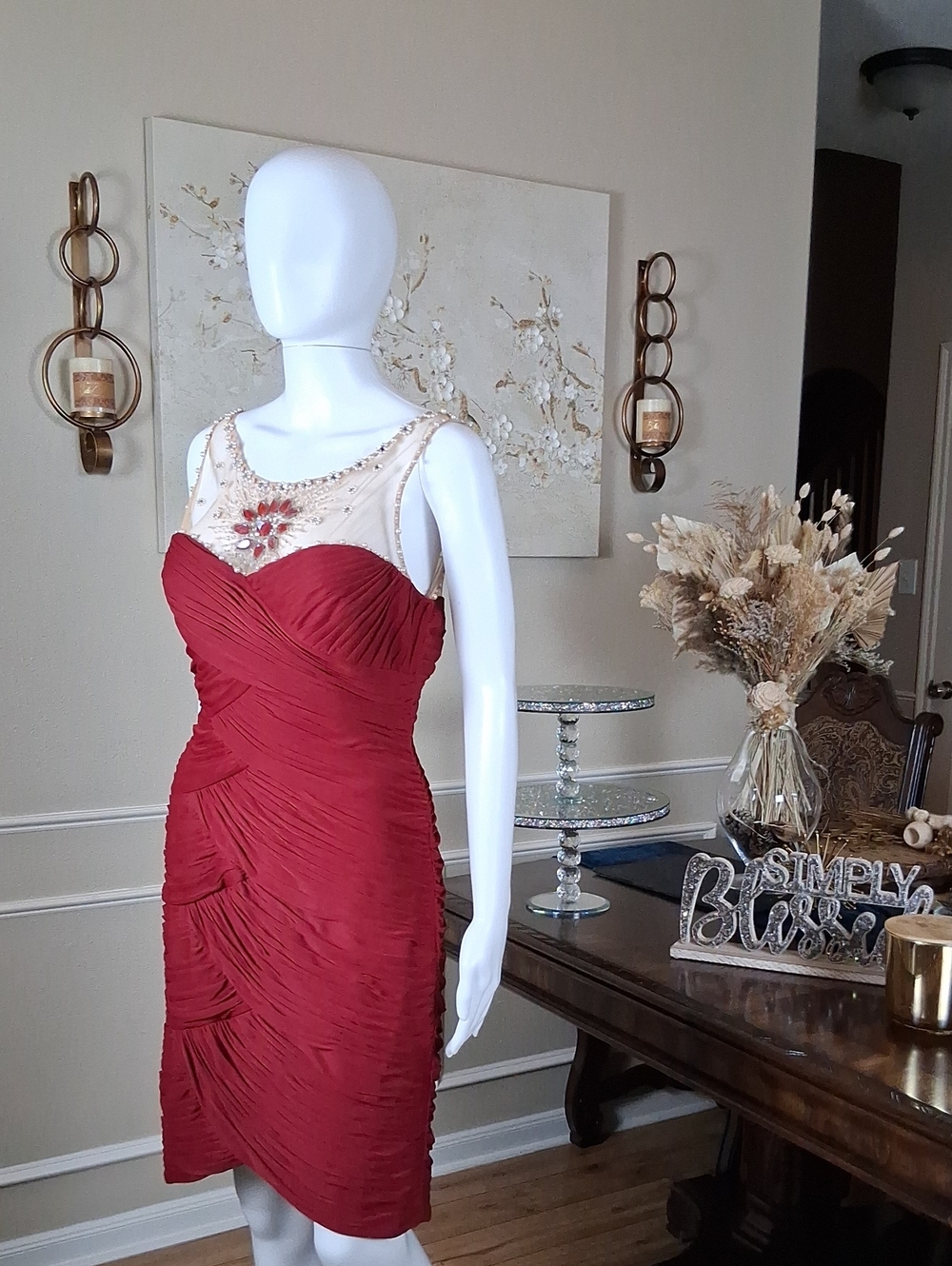 Adrianna Papell Deep Red Beaded Illusion Neck Cocktail Pleated Dress Medium - Picture 11 of 16